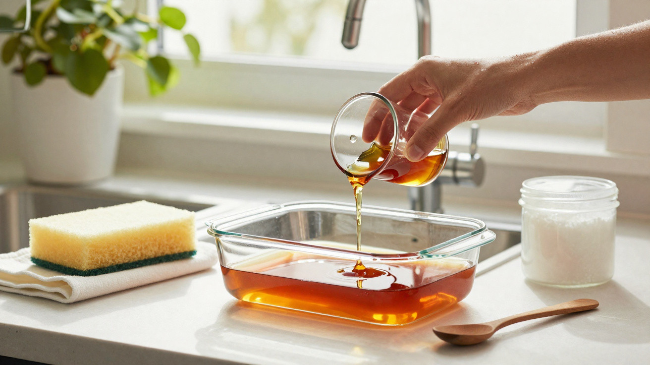 Mão derramando óleo amarelo em recipiente de vidro na pia da cozinha com esponja e pote ao fundo.