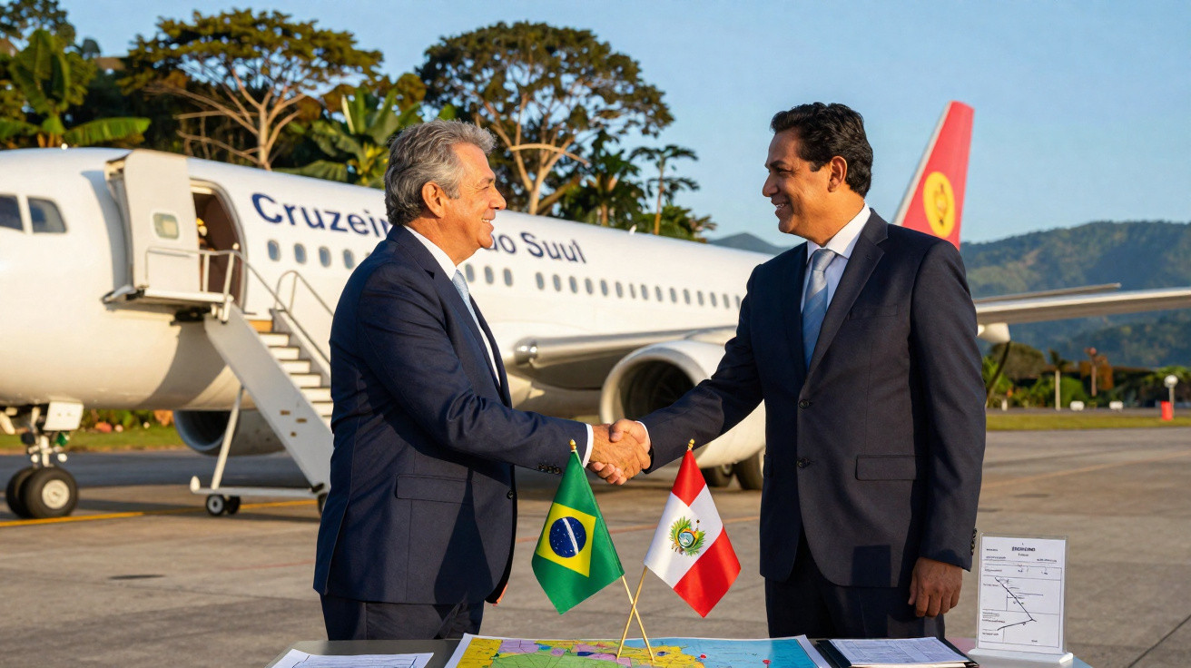 Dois homens de terno apertam as mãos em frente a avião, com bandeiras do Brasil e Bolívia sobre mesa.
