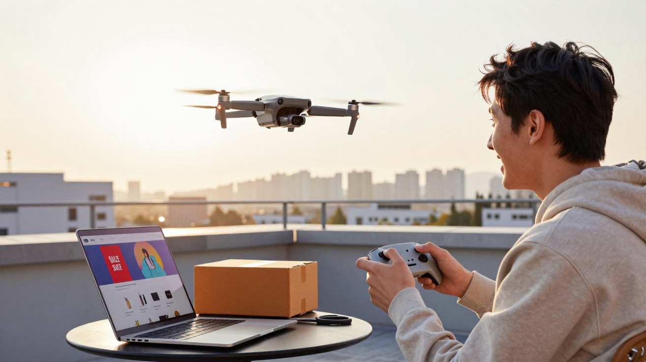 Homem controlando drone com controle remoto ao ar livre, mesa com laptop e caixa de papelão.