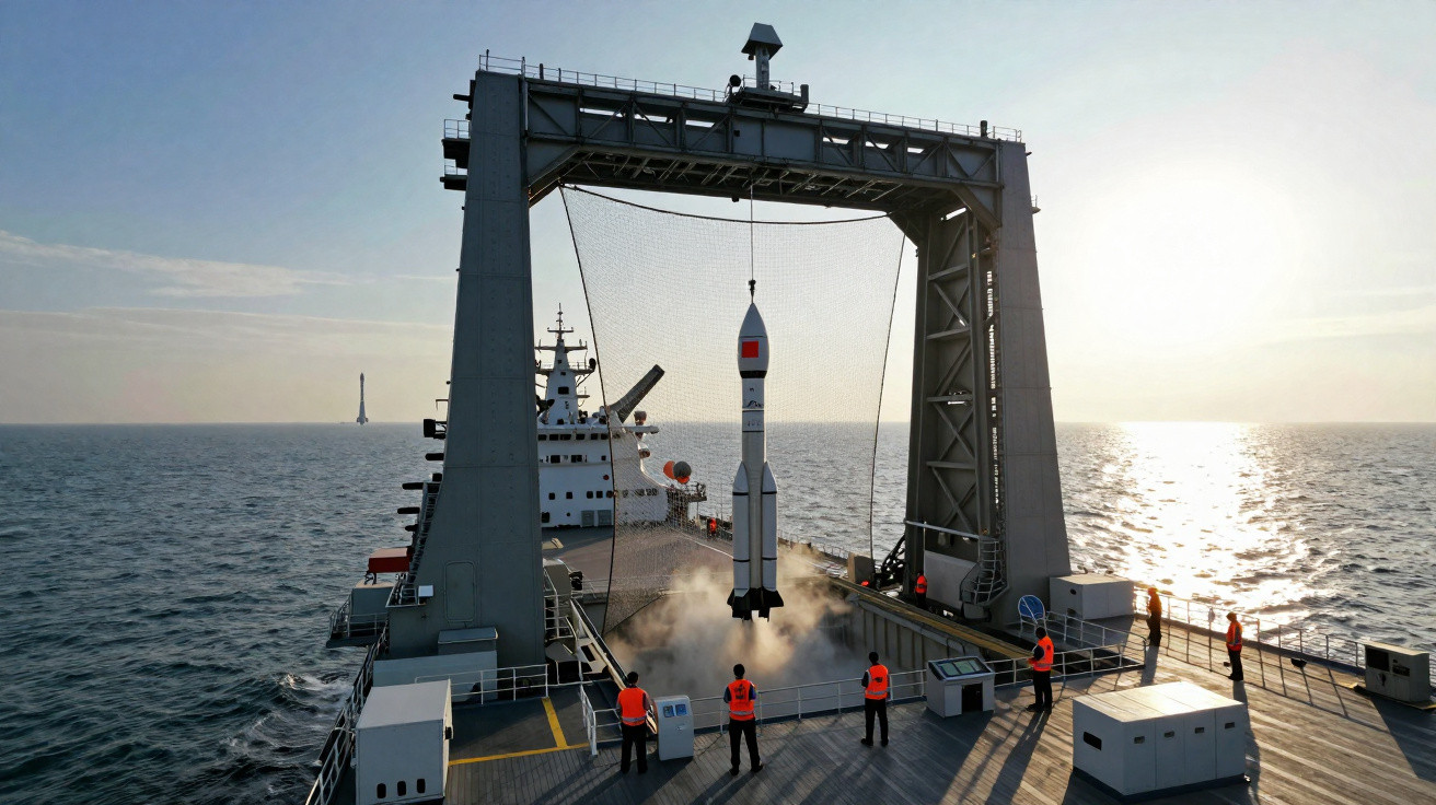 Foguete sendo lançado de uma plataforma em um navio no meio do oceano com pessoas observando.