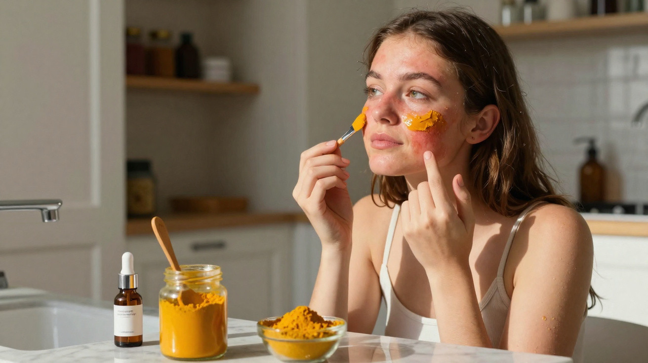 Mulher aplicando máscara facial caseira de cúrcuma no rosto em cozinha iluminada pela manhã.