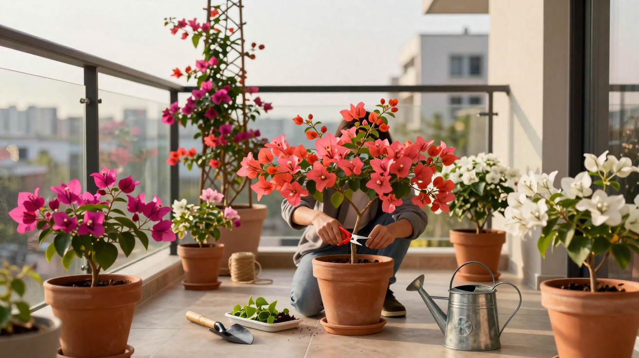 Pessoa cuidando de plantas floridas em vasos de cerâmica numa varanda ensolarada.