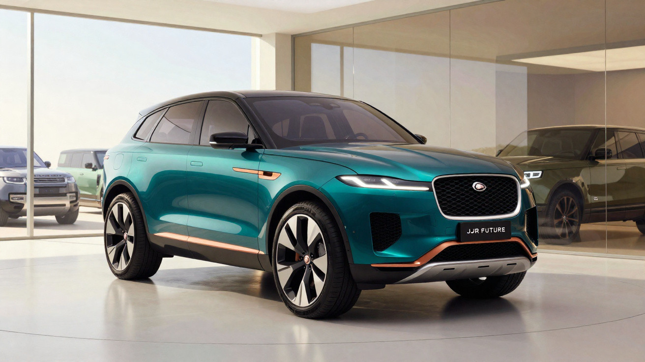 SUV elétrico Jaguar JJR Future verde em showroom moderno com carro refletido na parede espelhada.