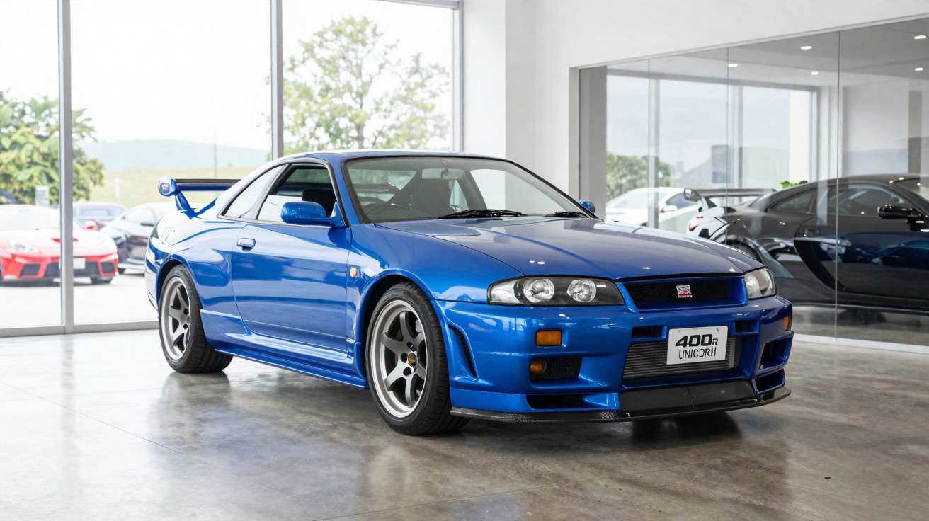 Carro esportivo azul Nissan Skyline GT-R R33 em exposição em showroom moderno com piso de concreto.