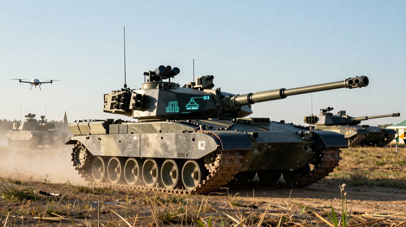 Tanque militar com código K2 em terreno seco, drone voando ao lado e outros tanques ao fundo.
