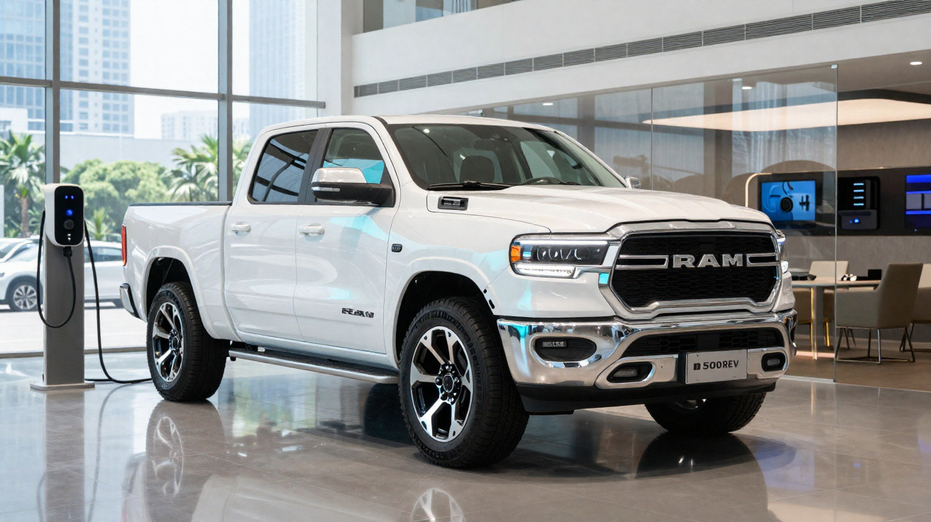 Picape elétrica branca RAM 1500 REV estacionada em showroom, conectada a carregador elétrico.