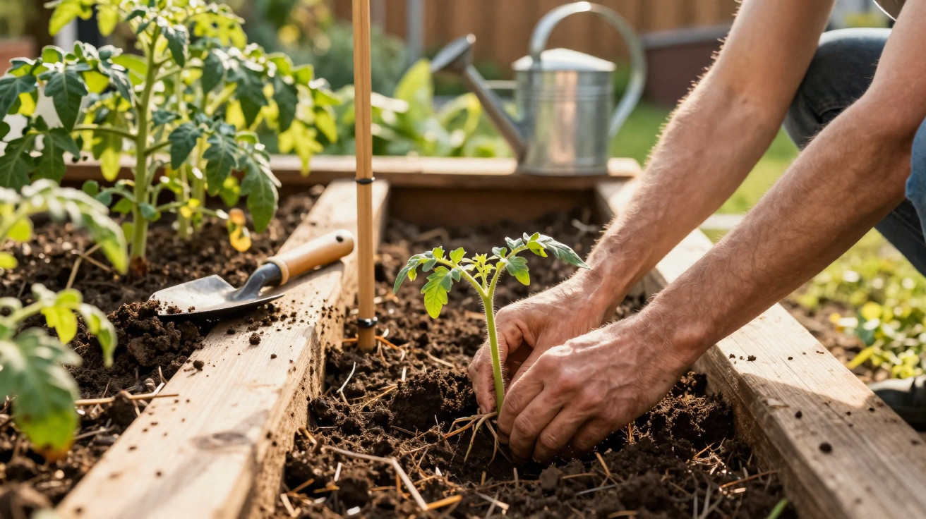 Mãos plantando muda de tomate em canteiro de madeira com pá de jardim ao lado em área externa.