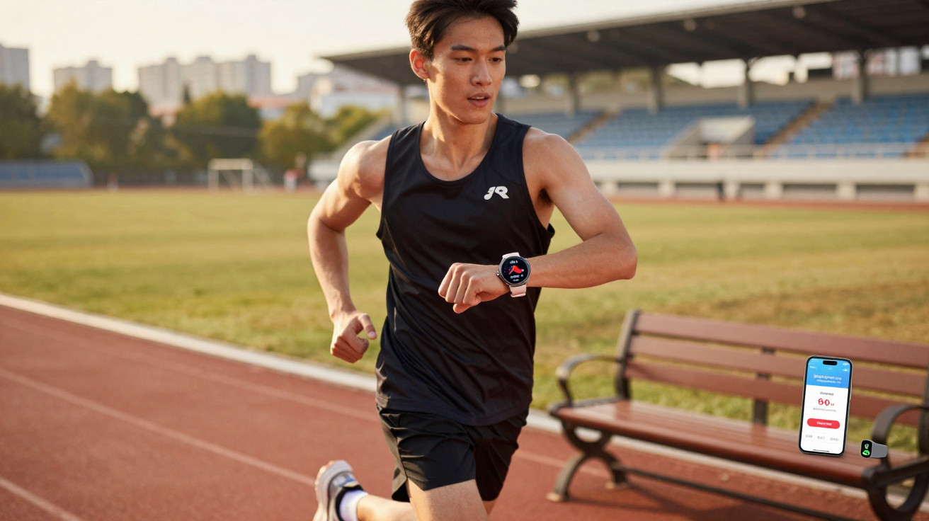 Homem correndo na pista de atletismo com relógio esportivo inteligente no pulso e aplicativo no banco.