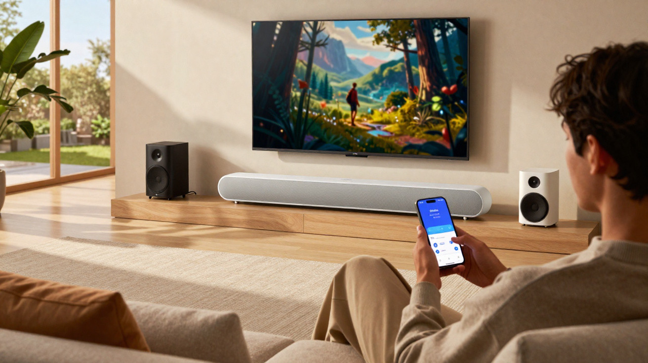 Homem sentado em sofá controlando soundbar com celular em sala moderna com TV e caixas de som.