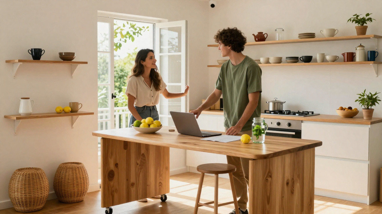 Casal conversando na cozinha moderna com bancada de madeira, laptop e decoração minimalista.