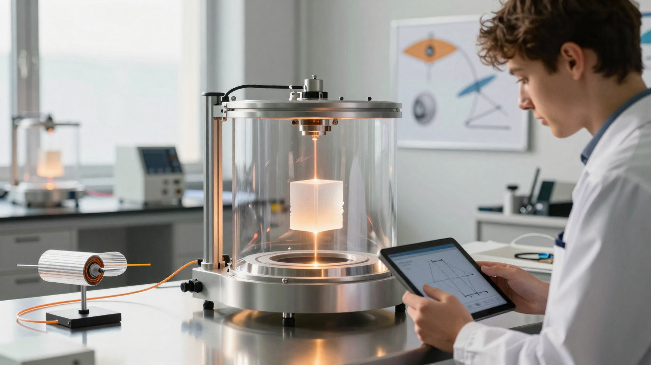 Cientista jovem observa impressão 3D de cubo em máquina futurística enquanto analisa dados em tablet.