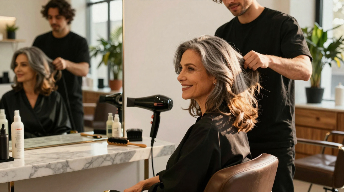 Mulher sorrindo sentada em salão de beleza enquanto cabeleireiro seca seu cabelo com secador.