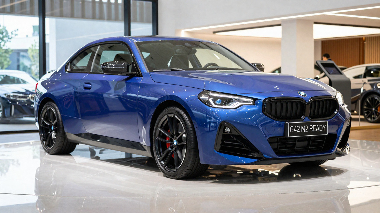 Carro BMW azul metálico em exposição dentro de showroom moderno e iluminado.