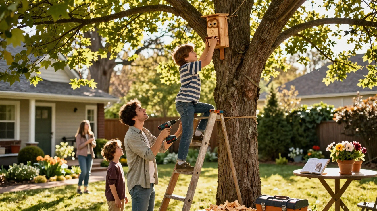 Pai e filhos instalando uma casinha de passarinho em uma árvore durante o dia no jardim.