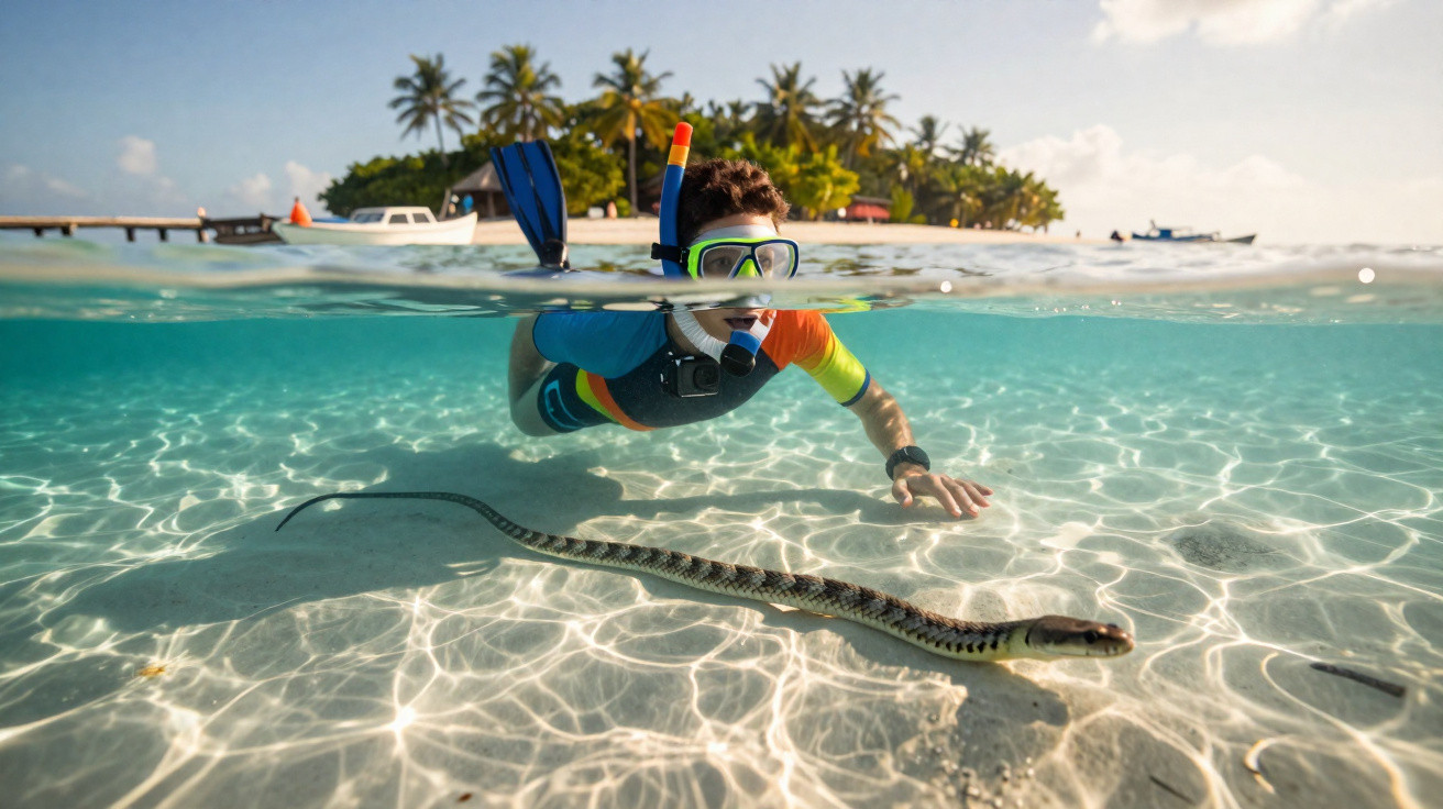 Pessoa mergulhando com snorkel próxima a uma cobra na água cristalina em ilhota com coqueiros ao fundo.