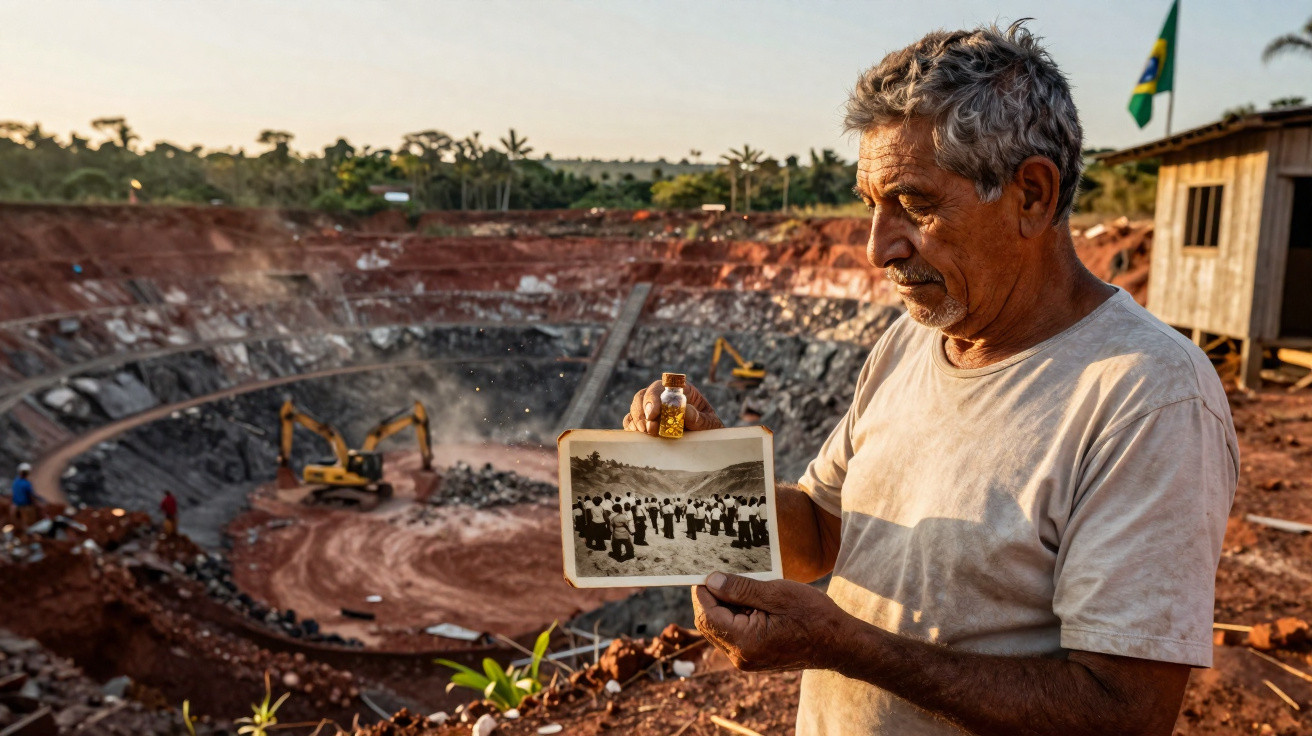 Homem em área de mineração segura foto antiga e vidro com amostra de minério nas mãos.