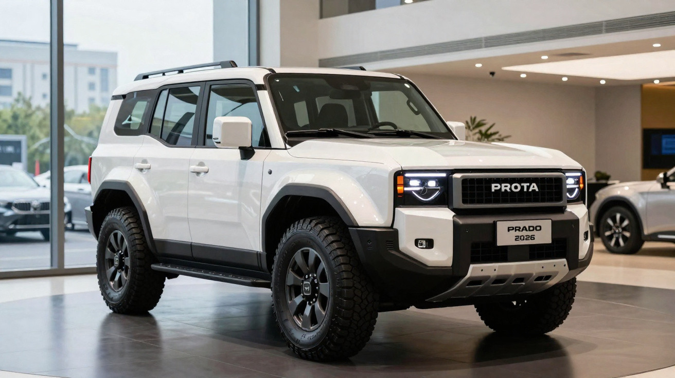SUV branco Prota Prado 2026 exibido em showroom moderno com iluminação interna e outras veículos ao fundo.