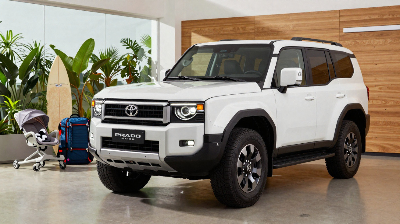 SUV branco Toyota Prado 2024 em ambiente interno, ao lado de cadeira de bebê, mochila e prancha de surf.