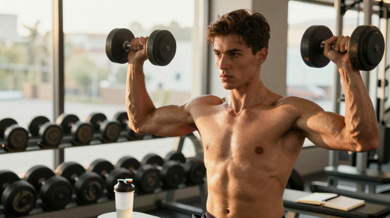Homem musculoso levantando halteres em academia com fileiras de pesos ao fundo.