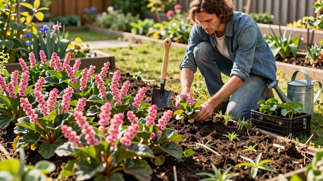 Homem cuidando de plantas em jardim com flores rosas, regador e ferramenta de jardinagem.