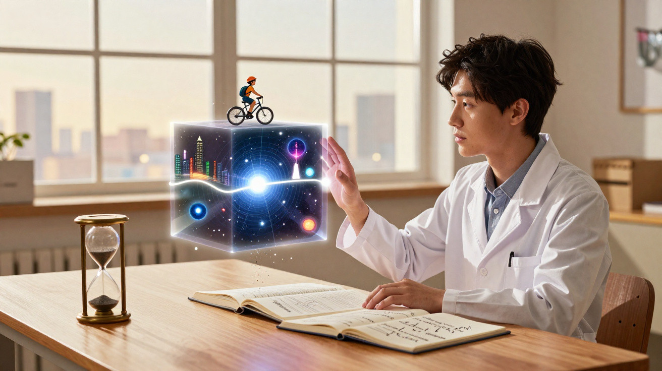 Jovem cientista interage com holograma de cubo espacial com cidade e ciclista, ao lado de livro aberto e ampulheta.