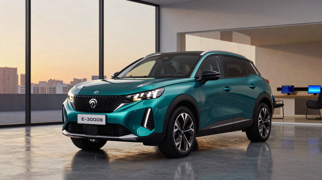 Carro elétrico SUV verde modelo E-30008 em ambiente interno moderno com janelas amplas ao pôr do sol.