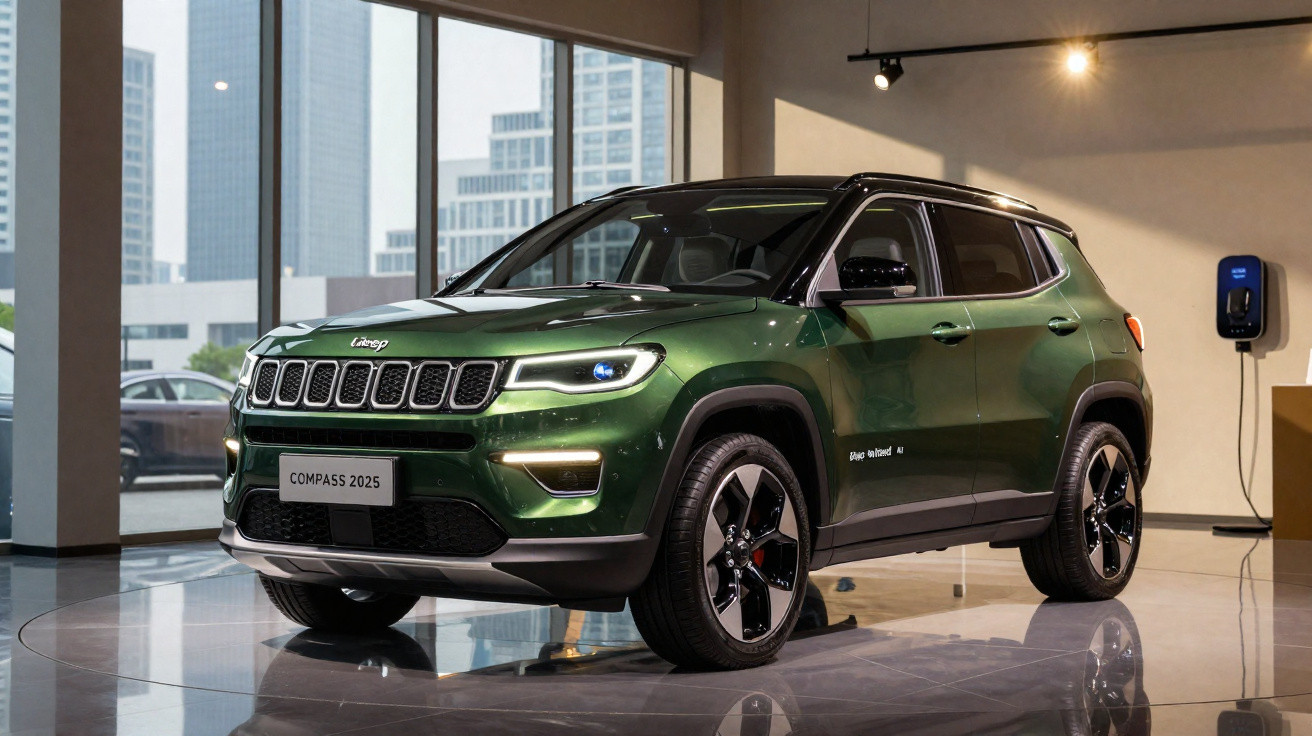 SUV Jeep Compass 2025 verde metálico em exposição dentro de showroom moderno com luz natural.