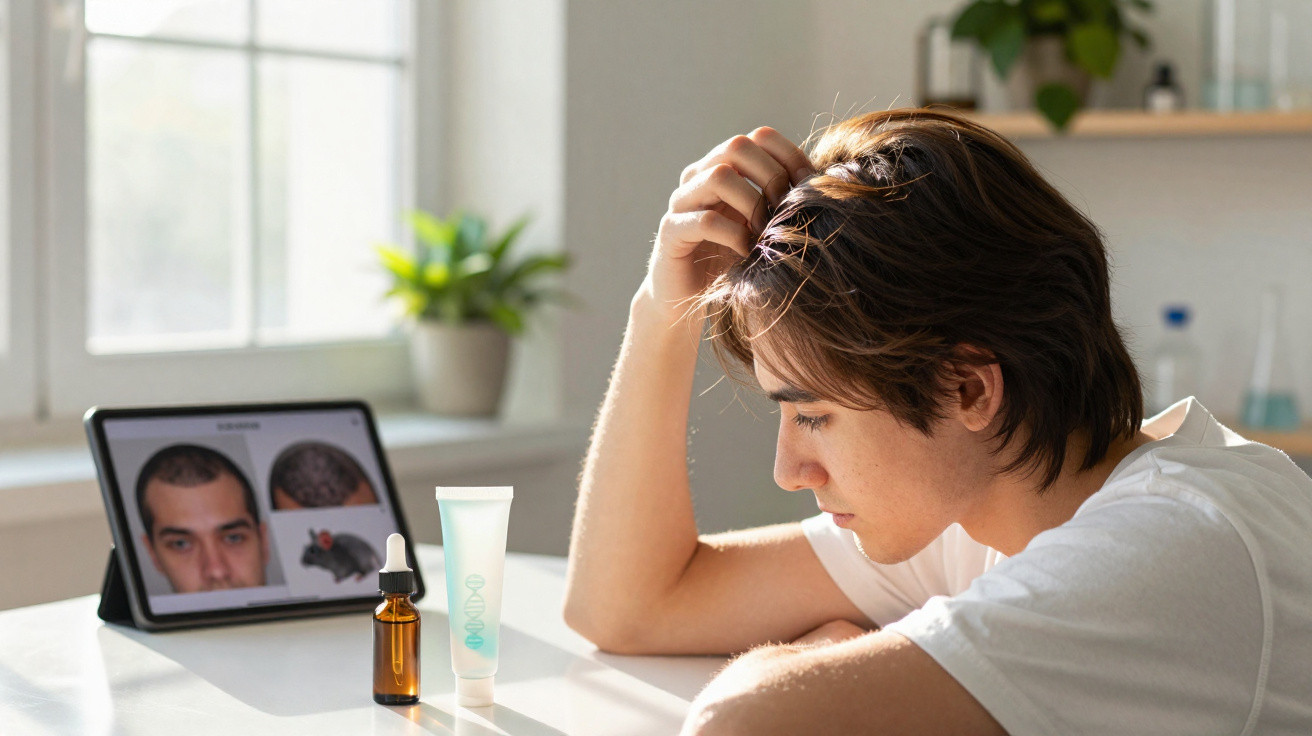 Jovem olhando para frascos de tratamento capilar e imagem de transplante de cabelo em tablet à sua frente.