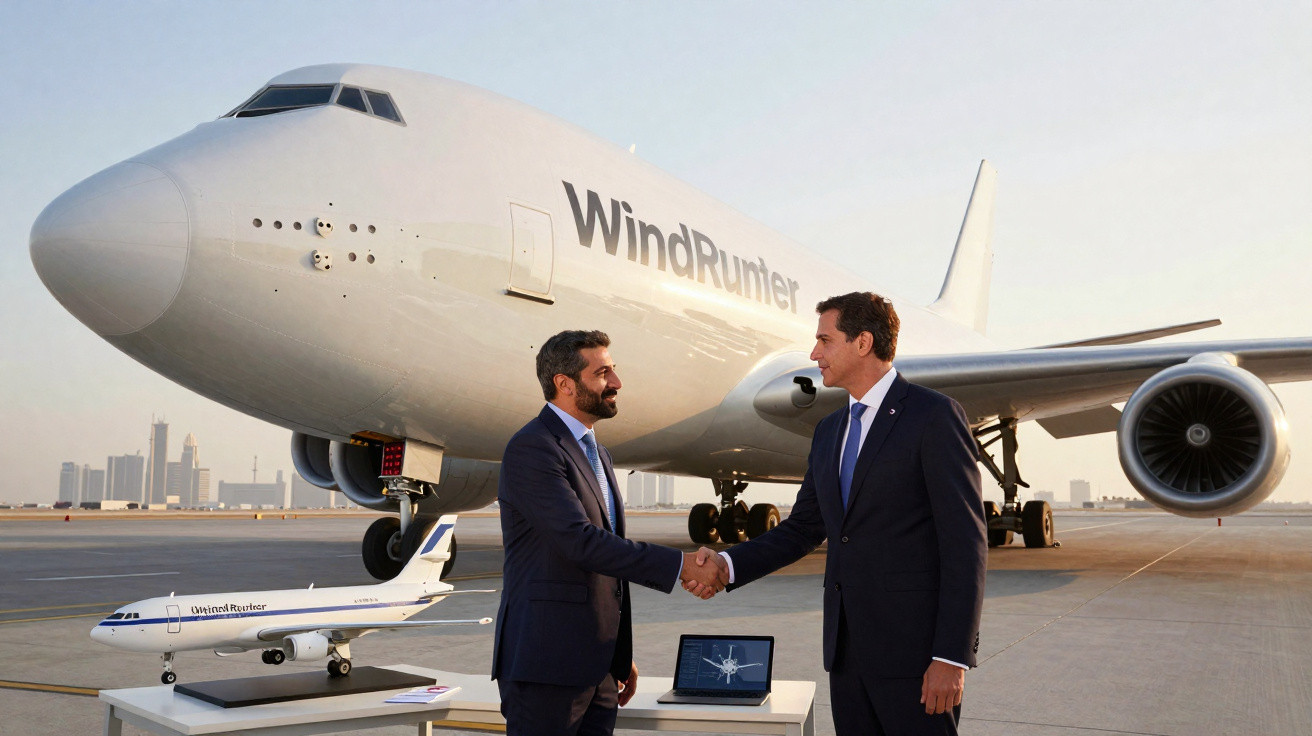 Dois homens de terno apertam as mãos em frente a um grande avião branco com a palavra WindRunner escrita.