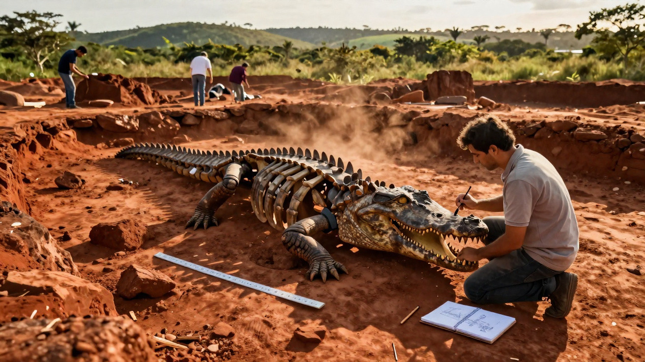 Equipe escavando e estudando um fóssil de crocodilo gigante em sítio arqueológico ao ar livre.