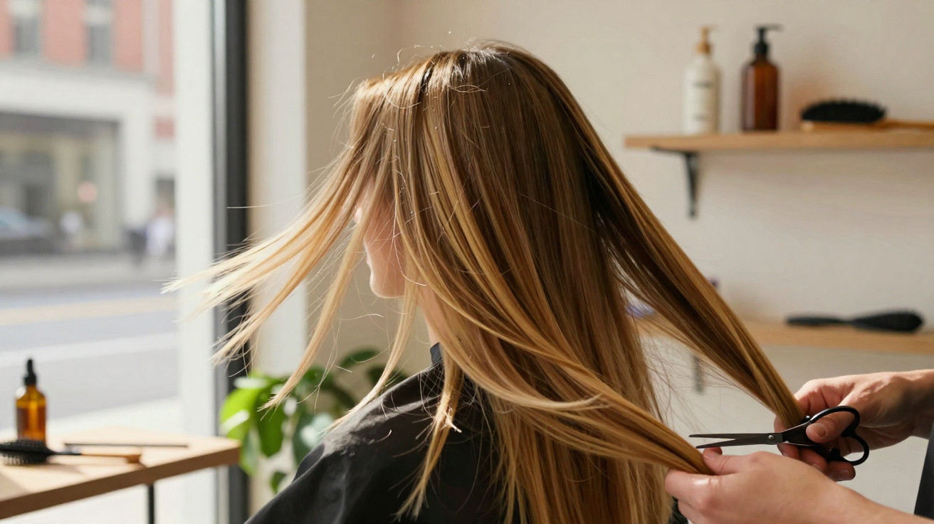Mulher loira com cabelo comprido sendo cortado por cabeleireiro em salão iluminado natural.
