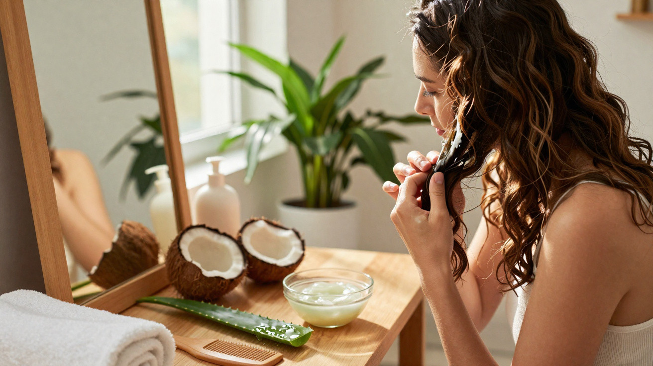 Mulher aplicando máscara caseira no cabelo com ingredientes naturais como coco e babosa em ambiente iluminado.