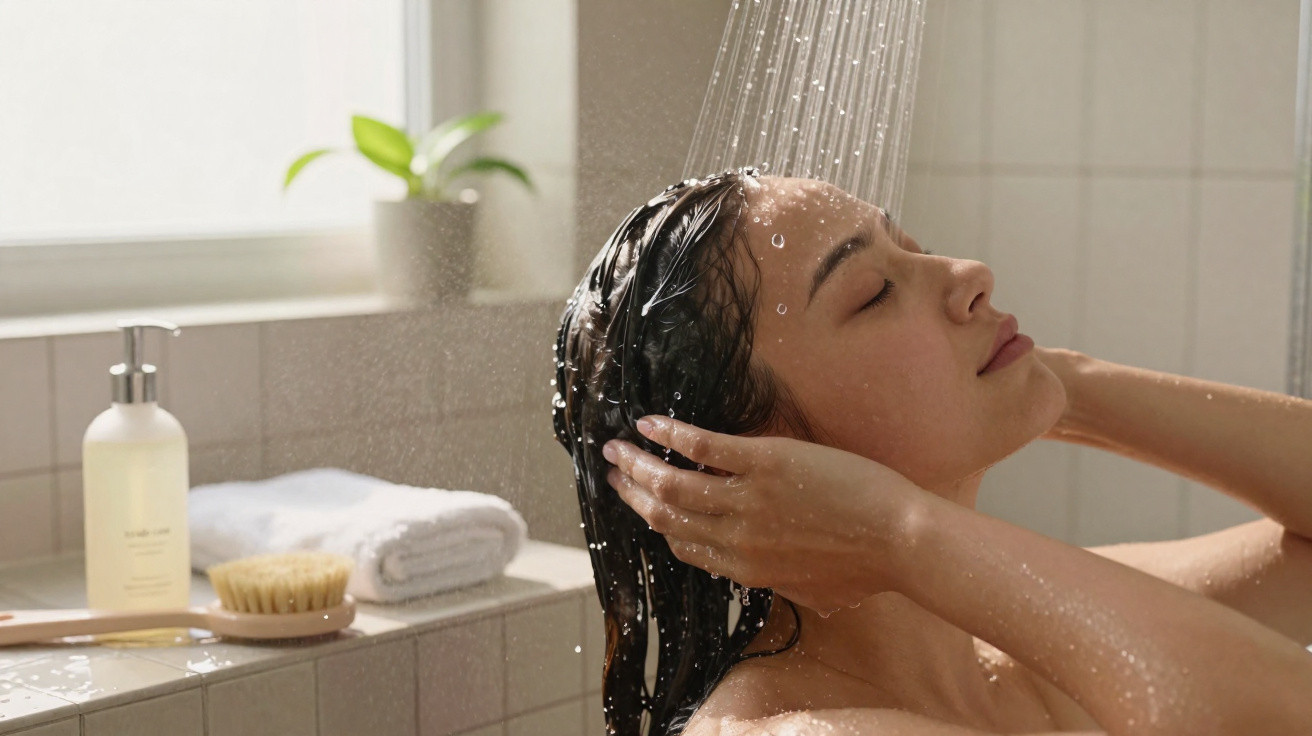 Mulher de olhos fechados tomando banho, lavando o cabelo em chuveiro com luz natural.