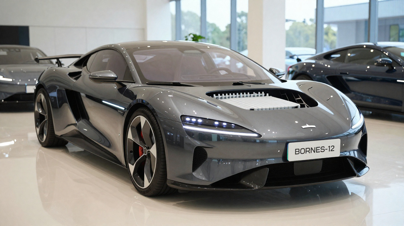 Carro esportivo cinza metálico Bornes-12 em showroom com detalhes aerodinâmicos e luzes de LED ligadas.