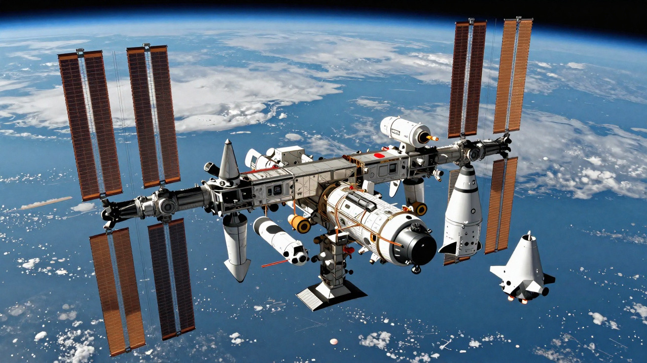 Estação Espacial Internacional orbitando a Terra com painéis solares e módulos conectados.