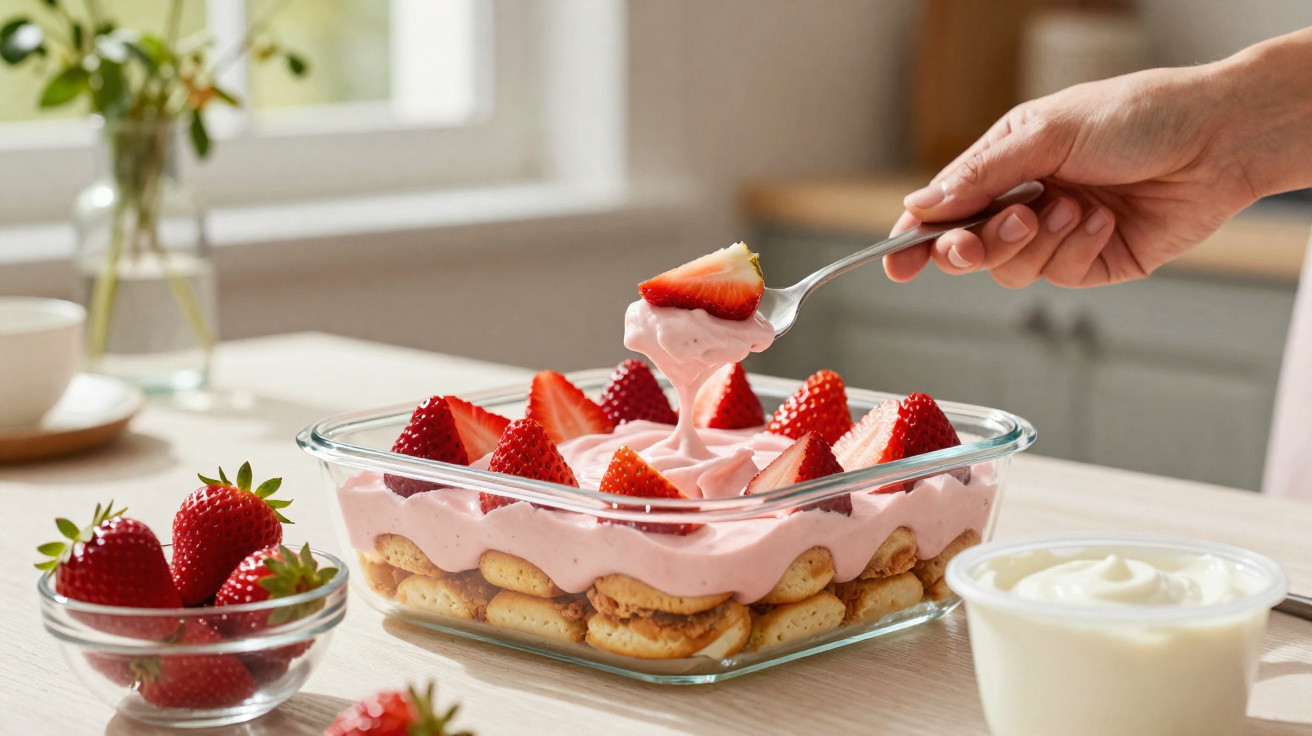 Sobremesa com creme rosa, morangos e biscoitos em travessa de vidro sobre mesa clara, mão segurando colher.