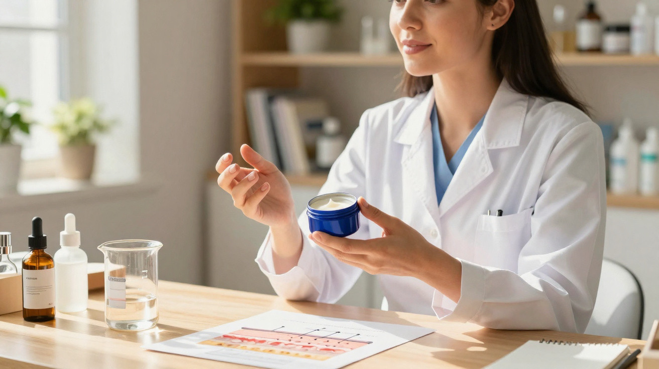 Profissional da saúde examinando creme dermatológico em laboratório iluminado.