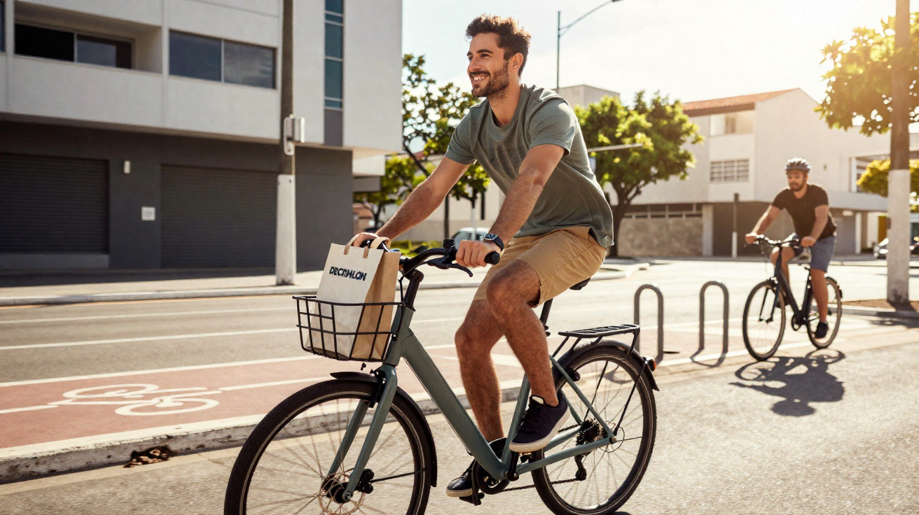 Homem sorridente pedalando bicicleta com cesta e pacote em ciclovia urbana ensolarada.