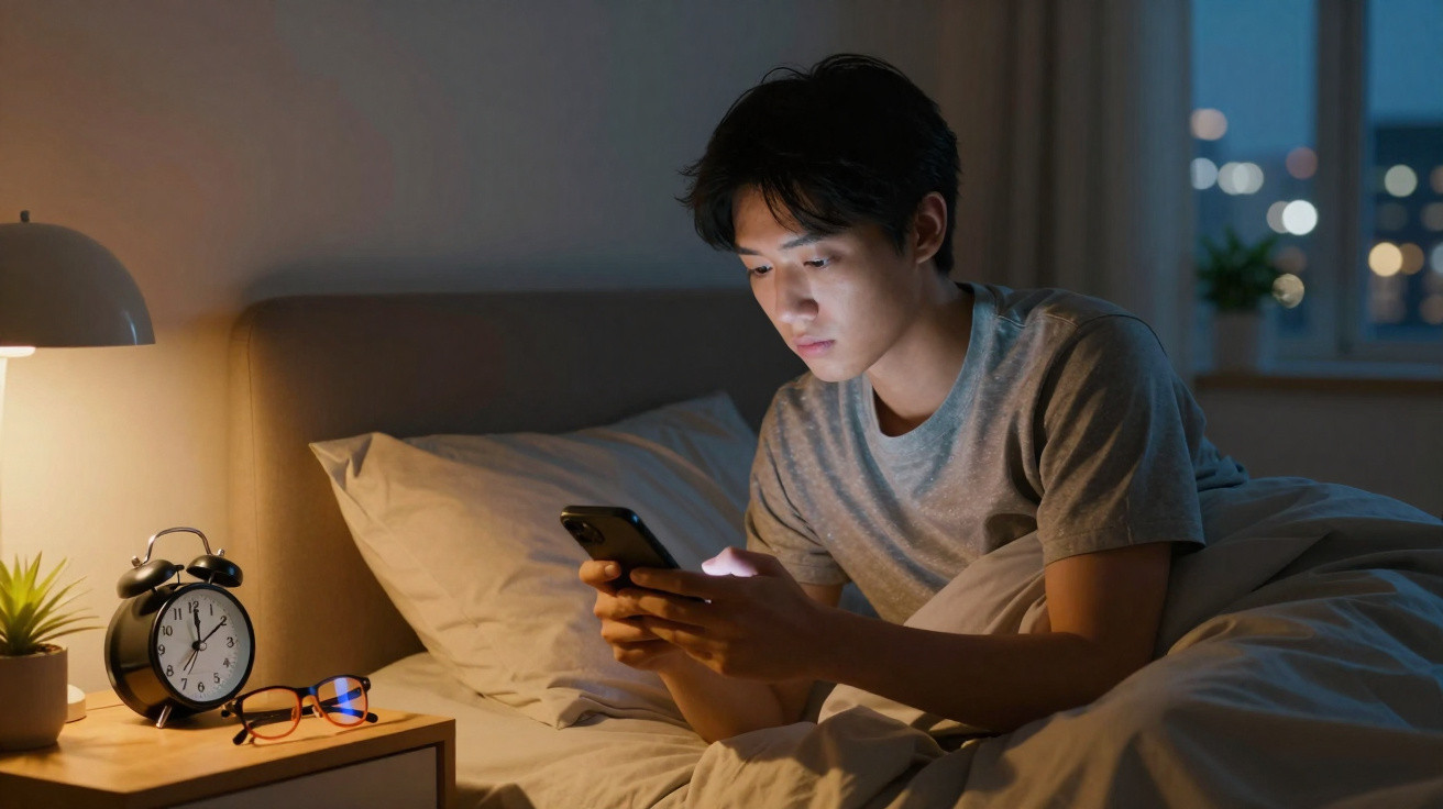 Jovem deitado na cama, mexendo no celular, com relógio, óculos e abajur ao lado no criado-mudo.