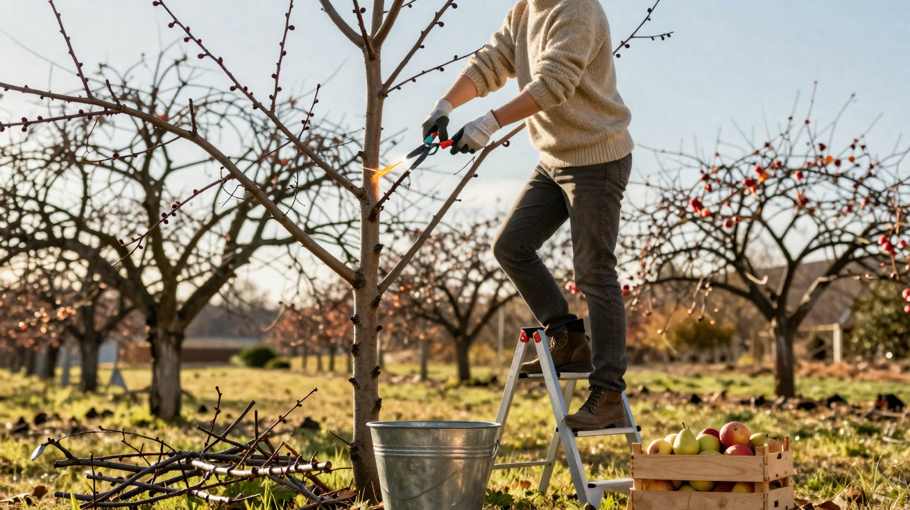 Pessoa podando árvore frutífera com tesoura, em pomar, perto de caixa de maçãs e balde.