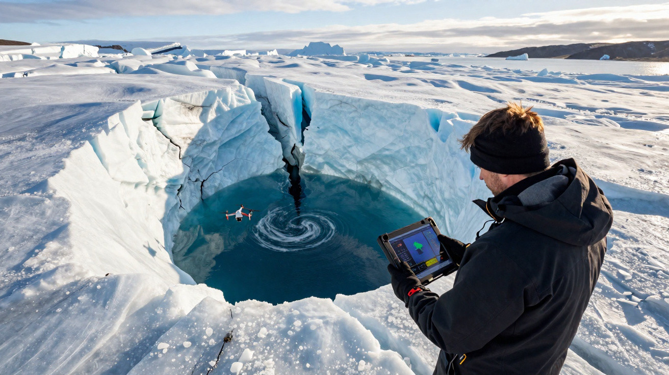 Pessoa operando drone sobre buraco gigantesco no gelo com redemoinho na água em paisagem polar congelada.