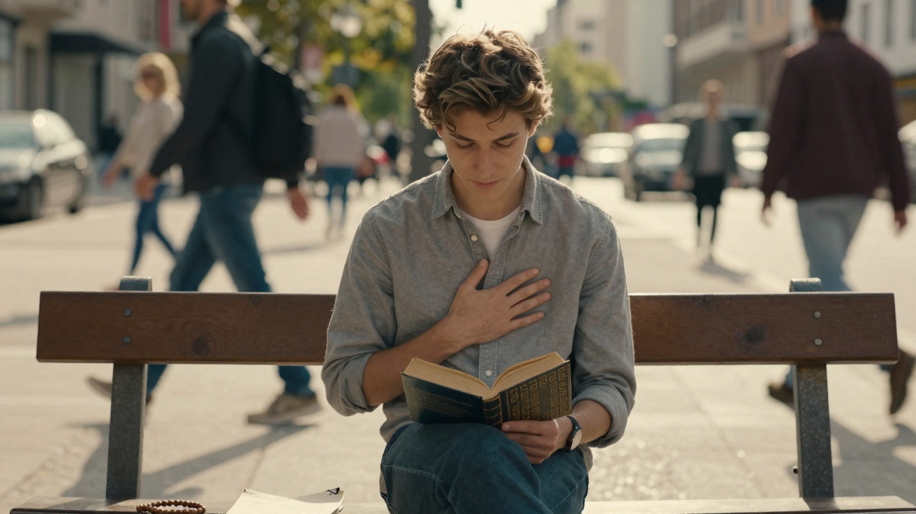 Jovem sentado em banco de praça lendo livro com mão no peito, pessoas caminhando ao fundo na rua.
