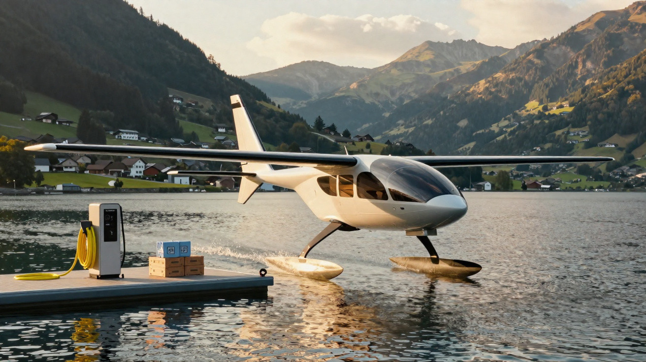 Aeronave elétrica de decolagem e pouso vertical sobre lago em cenário montanhoso ao entardecer.
