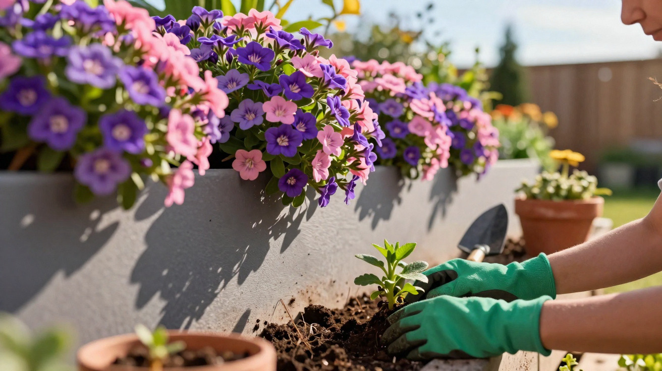 Pessoa com luvas verdes plantando muda em jardim com flores roxas e rosas em vasos elevados ao sol.