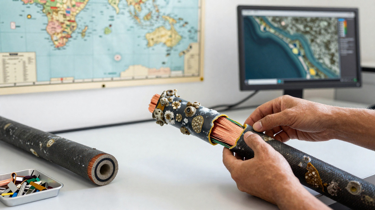 Mãos segurando segmento de cabo submarino com conectores, mesa, mapa mundial e tela de computador ao fundo.