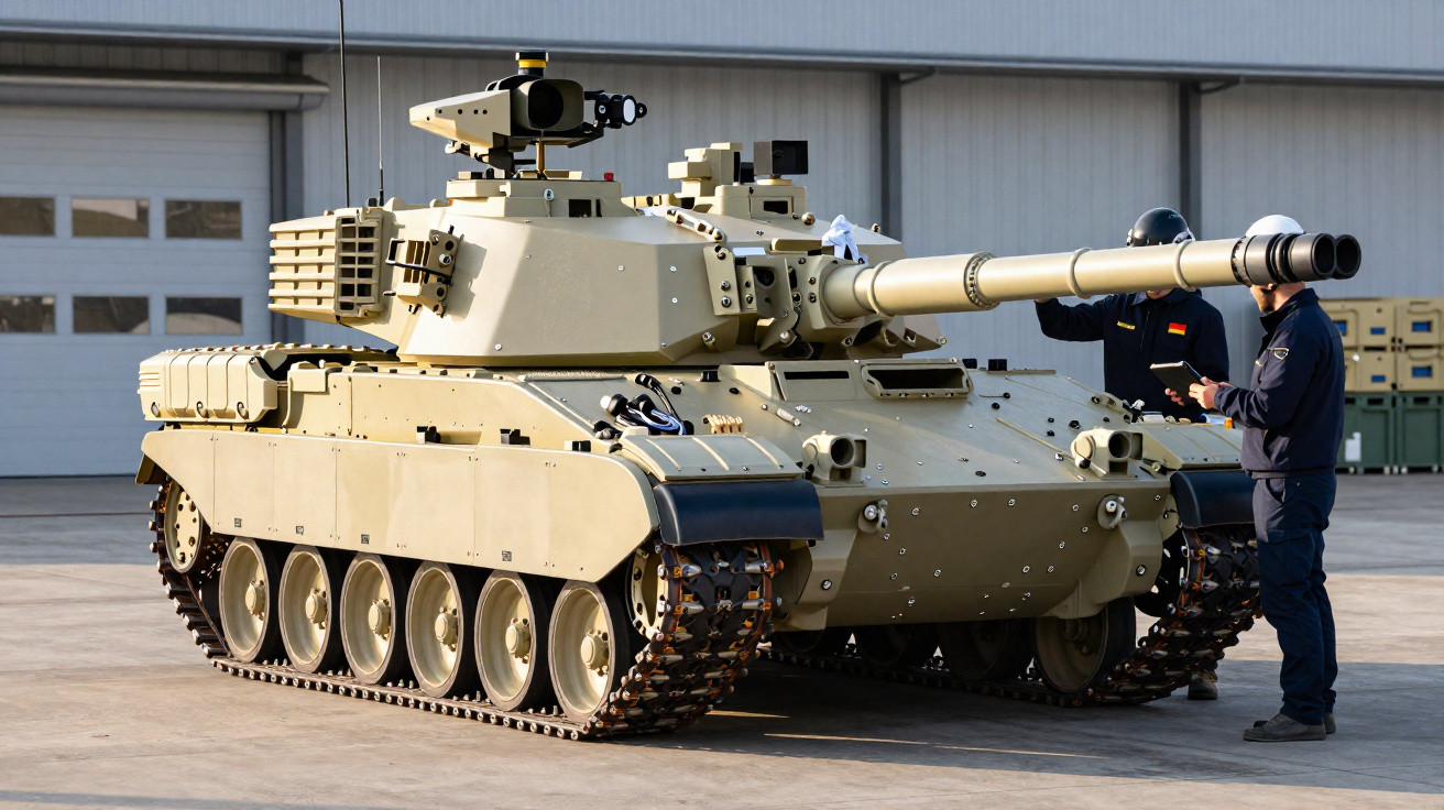 Tanque de guerra moderno camuflado em tom areia com duas pessoas ao lado em área industrial.