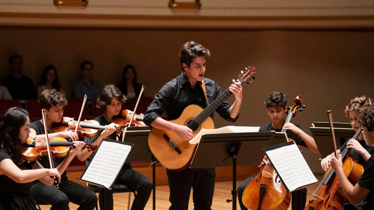 Jovens músicos tocando violino, violoncelo e violão em apresentação formal em sala de concertos.