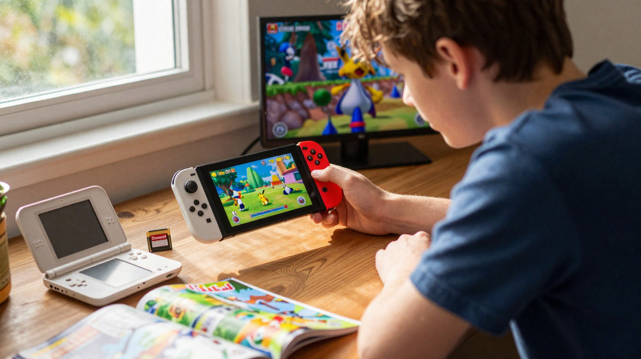 Criança jogando videogame portátil Nintendo Switch com jogos de Pokémon na tela, com revista e console antigo na mesa.