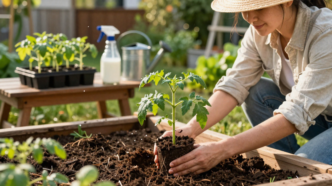 Mulher com chapéu plantando muda de tomate em jardim com regador e pulverizador ao fundo.