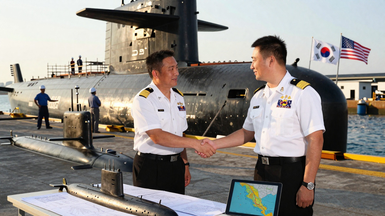 Dois oficiais navais asiáticos apertam as mãos em doca com submarino, maquetes de submarinos e bandeiras dos EUA e Coreia do 
